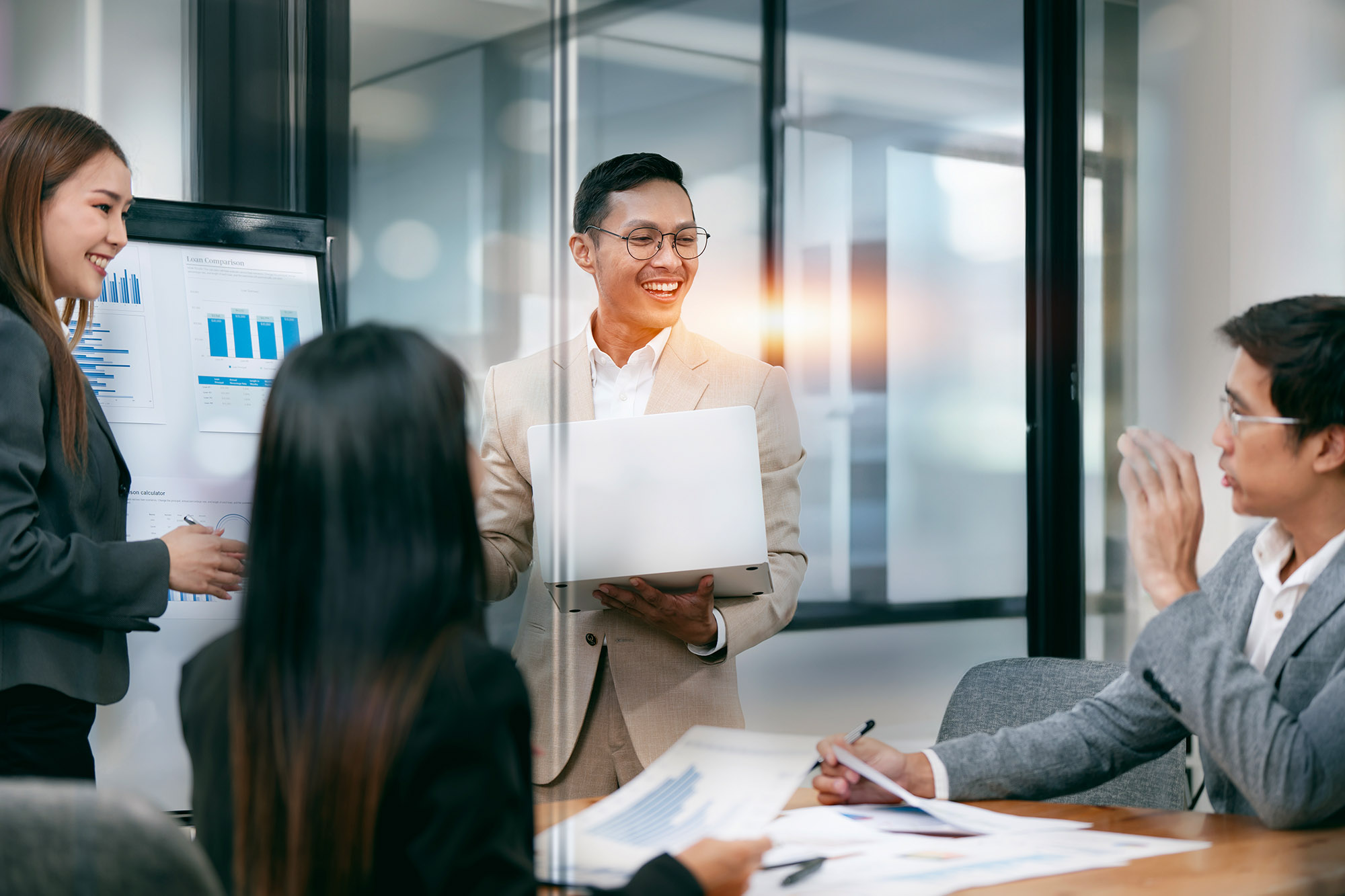 marketing young cute business lady in striped shirt in office creating new marketing plan